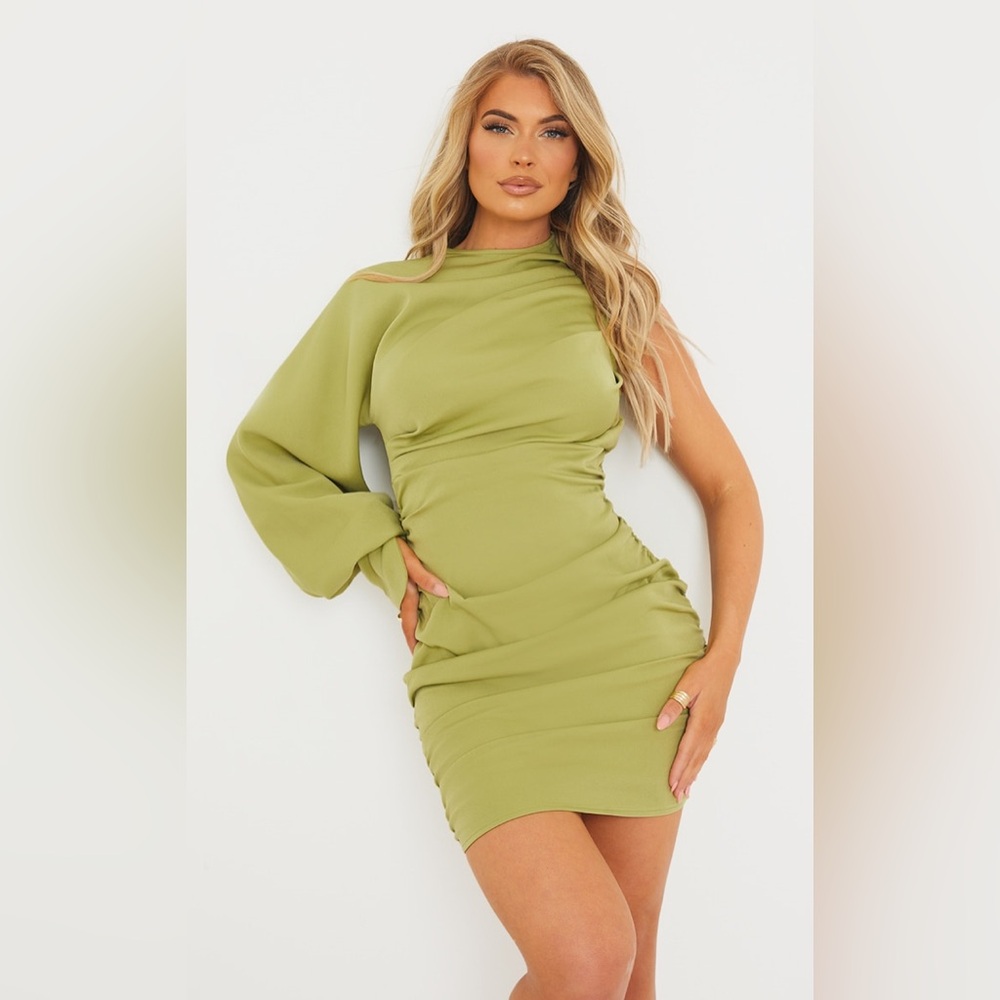PrettyLittleThing Sage Green One Shoulder Ruched Bodycon Mini Dress Size 12